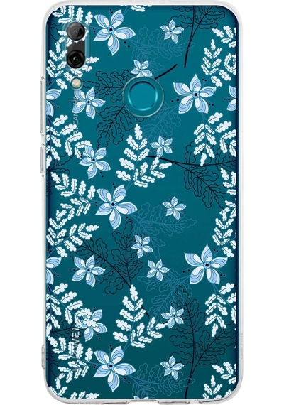 Huawei Psmart 2019 Uyumlu Kamera Korumalı Floral Mavi Tasarımlı Şeffaf Silikon Kılıf