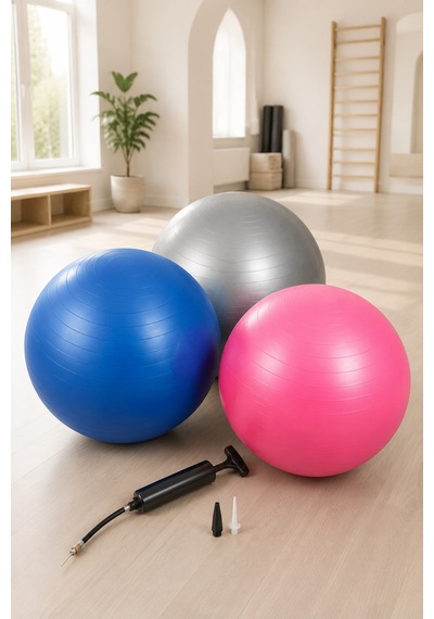 3 Lü Set 65 Cm Pilates Topu Ve Şişirme Pompası Mavi Gri Pembe Fitness Yoga Denge Egzersiz Topu Çok Renkli