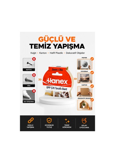By Hanex Opp Çift Taraflı Bant 36 Mm X 20 M Güçlü Yapışkanlı Şeffaf Montaj Ve Sabitleme Bandı