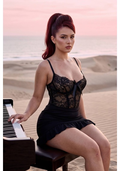 Suısy Moonlight Sonata Siyah Dantel Büstiyerli Fırfırlı Mini Gecelik