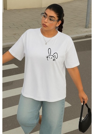 Büyük Beden Tavşan Baskılı Unisex Tişört Beyaz