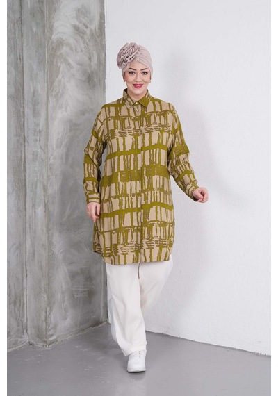 Polologin Butik Yeşil Çizgili Tunik Ve Krem Pantolon Takım Yeşil & Krem