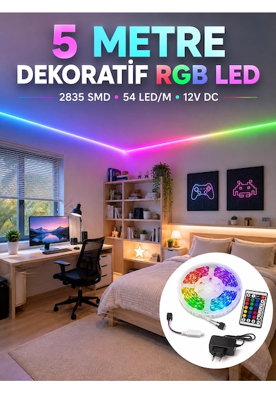 5 Metre Rgb Şerit Led 2835 Smd 54 Led/m Uzaktan Kumandalı Dekoratif Aydınlatma 1