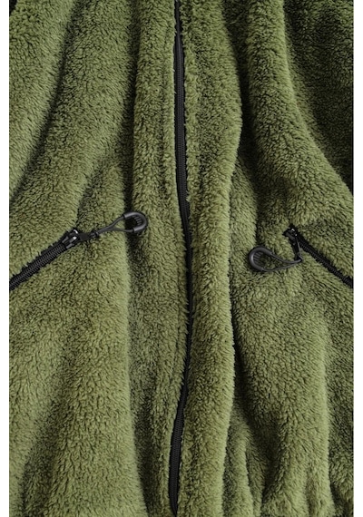 Kadın Oversize Peluş, Polar, Fermuarlı, Teddy Dik Yaka, Sıcak Tutucu Yumuşak Kışlık Ceket Haki