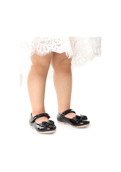 Kiko Kids Taşlı Cırtlı Kız Çocuk Fiyonklu Babet Ayakkabı Ege 204 Rugan Siyah