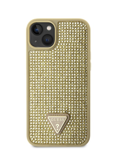 Apple Uyumlu iPhone 14 Kılıf Guess Lisanslı Taşlı Arka Yüzey Üçgen Logolu Kapak Gold