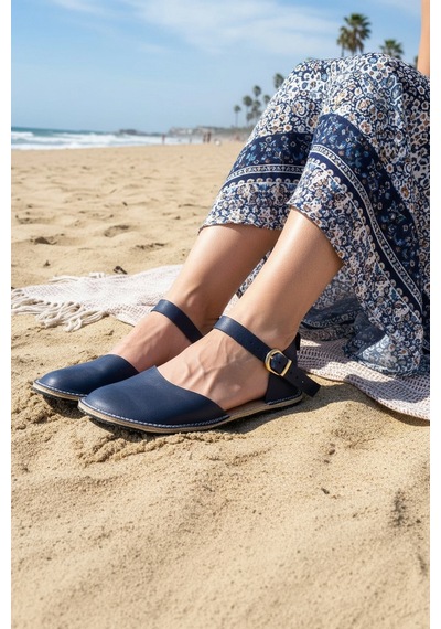 Bodhi Handcraft Kadın Barefoot Hakiki Deri Minimalist Günlük Sandalet El İmalatı Lacivert