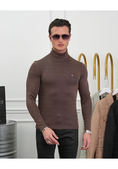 Modefendi Slim Fit İtalyan Kesim Tam Balıkçı Boğazlı Kazak Koyu Kahve