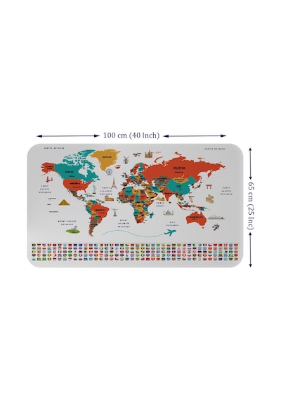 Türkçe Ülke Bayrak Lı Eğitici Başkent Detaylı Atlası Dünya Haritası Duvar Sticker -60x105-3858 Çok Renkli