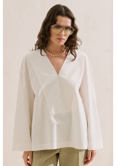 Manuka Poplin Geniş Kol V Yaka Gömlek Ekru Ss26gml00023-01 No