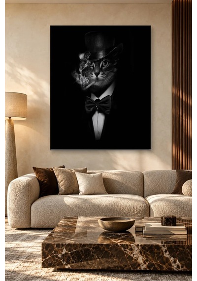 Fida Silindir Şapkalı Puro İçen Papyonlu Kedi Canvas Tablo Çok Renkli