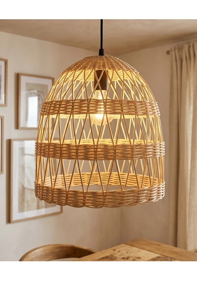 Doğal Bambu Rattan Avize-el Örmesi Rustik Sarkıt 30x30 Cm Ekru