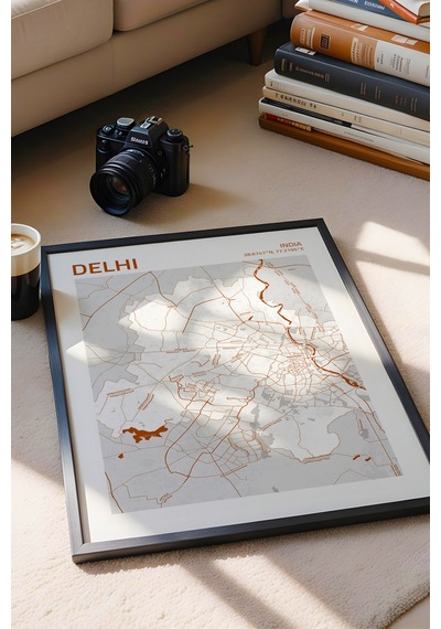 Delhi Hindistan India Haritası Çerçeveli Tablo Lüks Salon Ofis Duvar Dekorasyonu Hediyelik Tablo