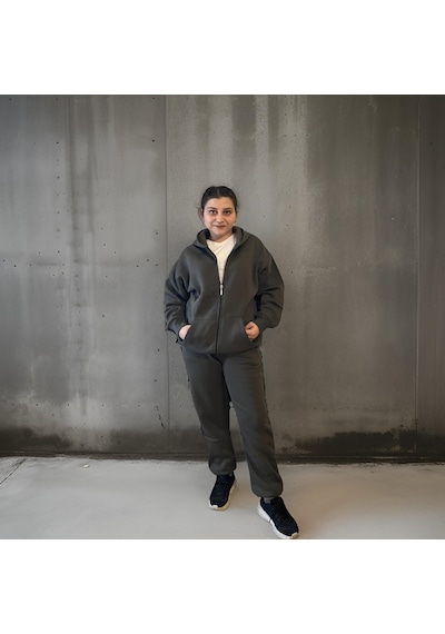Ceyss Design Unisex Üç İplik Şardonlu Kapüşonlu Hırkalı Eşofman Takımı-haki Haki