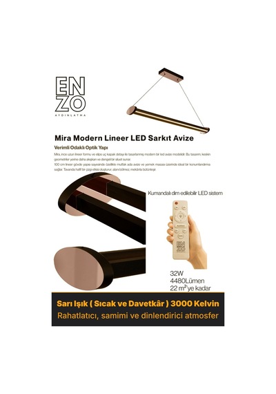 Mira Rose Gold Lineer Led Sarkıt Avize Kumandalı Dim Edilebilir Aşağı Işık Sarı Işık