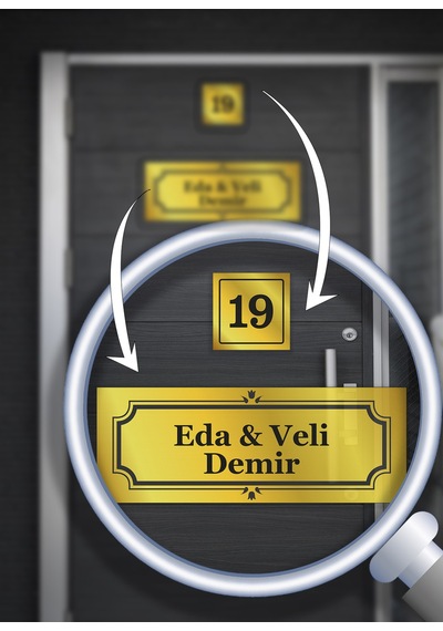 Gold Kapı İsimliği Ve Daire Numarası Seti Kişiye Özel 2 Parça Kapı Süsü Altın