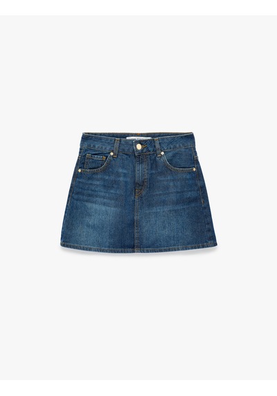Koton Pamuklu Cepli Düğmeli Mini A Kesim Denim Etek Orta İndigo 6sal70025md