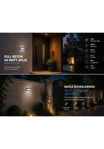 Elektrikle Çalışır, 24 Watt 6500 Kelvin Beyaz Işık İç Ve Dış Mekan Kapı Girişi Bahçe Duvar Led Aplik Beyaz - Siyah