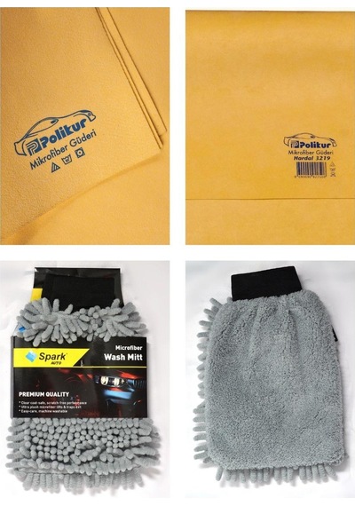 Polikur 3219 Mikrofiber Güderi Oto Kurulama Bezi & Spark 7050 Şönil Oto Temizlik Eldiveni 2'li Set