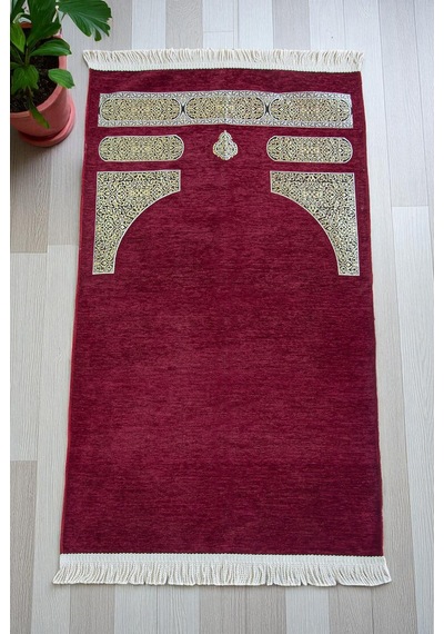 Kabe Desenli Örgü Püsküllü Şönil Seccade Kırmızı Kırmızı