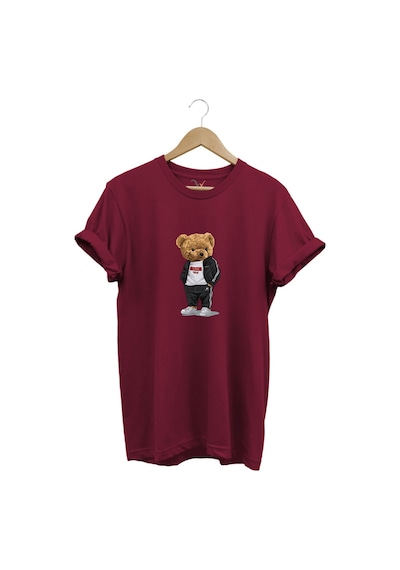 Sevimli Ayıcık Baskılı Love Tasarımlı %100 Pamuk Regular Fit Bisiklet Yaka Unisex T-shirt Bordo