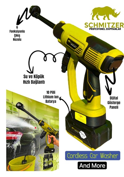 Schmıtzer Sch-2002s Pro 21v Brushless Motor Yüksek Basınçlı Şarjlı Oto Araba Yıkama Makinesi 3 Kademe Dijital Göstergeli 30