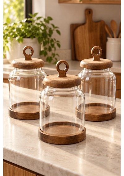 Atbyhome 3'lü Akasya Altlıklı Halka Kulplu Cam Erzak Kavanozu 1100 Ml - Vakumlu Kiler Bakliyat Saklama Kabı Seti Ahşap