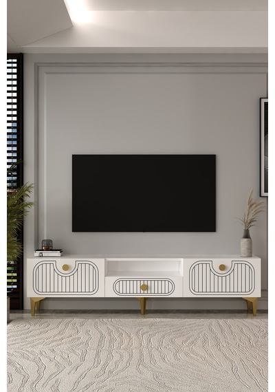 180dhdtsç3ba Hera Lazer Desenli Kapaklı Tv Sehpası,ünitesi Beyaz-altın