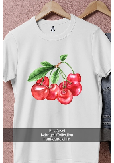 Oversize Double Cherry Kiraz Tasarımlı Unisex T-shirt Beyaz
