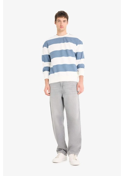 Defacto Boxy Fit Bisiklet Yaka Çizgili Sweatshirt A9066ax25augr171 Gri