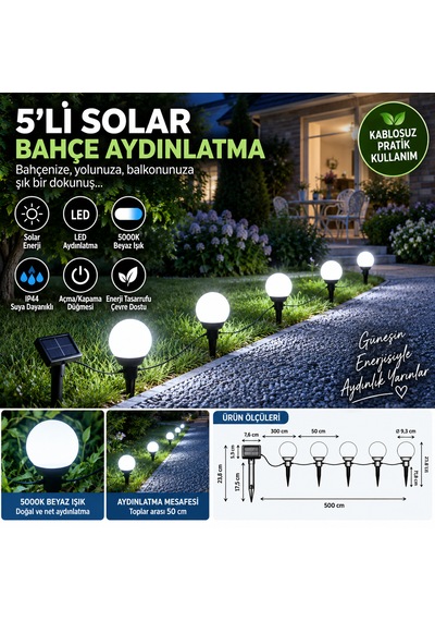 5 Li Solar Bahçe Aydınlatma Led Küre Seti Güneş Enerjili Dekoratif Işık Saplamalı & Asılabilir