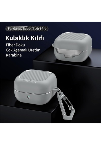 Samsung Galaxy Buds 4 / Buds 4 Pro Uyumlu Karbon Fiber Hybrid Polymer Technology Darbeye Dayanıklı Kulaklık Kılıfı Gri