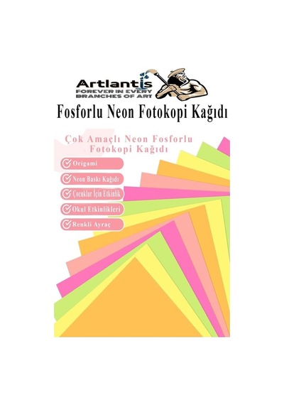 Artlantis Neon Fosforlu Renkli A4 Fotokopi Kağıdı 50 Li 1 Paket 50 Adet Fosforlu 5 Renk Parlak Canlı Renkler Fotokop Genel