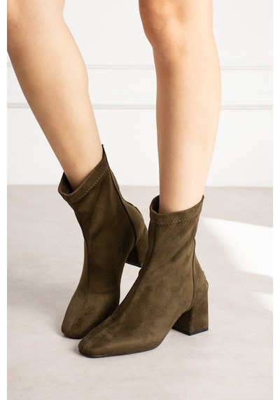 Dabab Shoes Lara Kadın Haki Süet Streç Küt Burun Fermuarlı 6 Cm Kalın Topuklu Bot Bootie