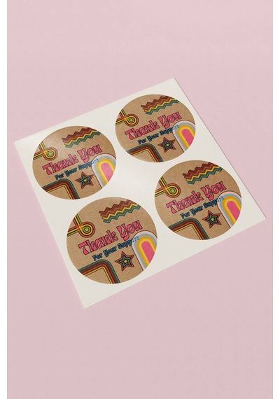 Kraft Retro Çizgili Thank You Support Sticker 3x3cm St2199 Çok Renkli