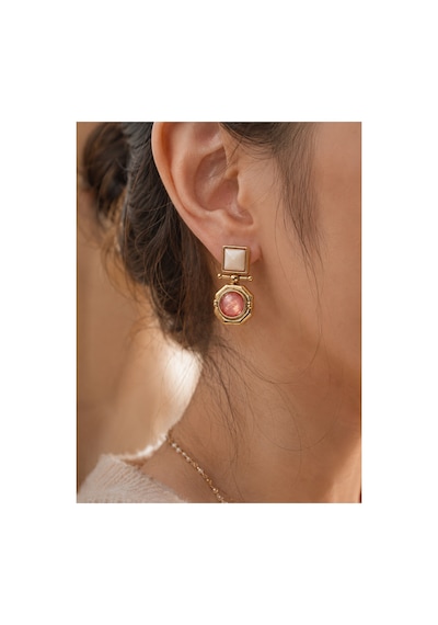 Blair Pembe Taş Detaylı Gold Renk Vintage Stil Premium Şık Küpe Seti Kadın