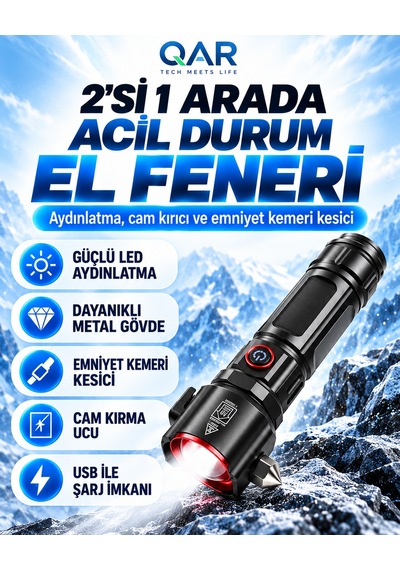 Şarjlı Metal El Feneri Zoomlu Çakar Modlu 26650 Li-ion Bataryalı Kamp Ve Outdoor Feneri Siyah