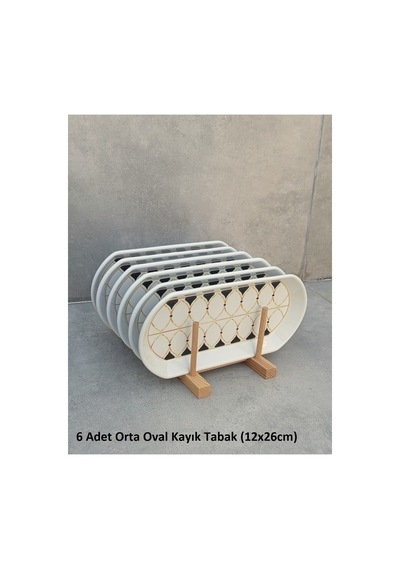 6lı Set Seramik Orta Boy Oval Kayık Tabak Seti - 12x26cm Beyaz