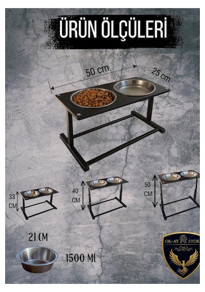 Reyo Ok-ay Store Aybisev 4 Xl Boy Büyük Irk Köpekler İçin Yükseltilebilir Metal Mama Su Kabı Standı Siyah
