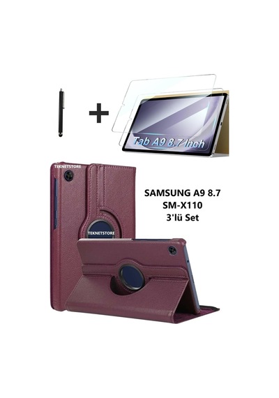 Samsung Galaxy Tab A9 8.7 Inç Tablet Uyumlu 360 Döner Pu Deri Kılıf Seti Sm-x110 Kılıf