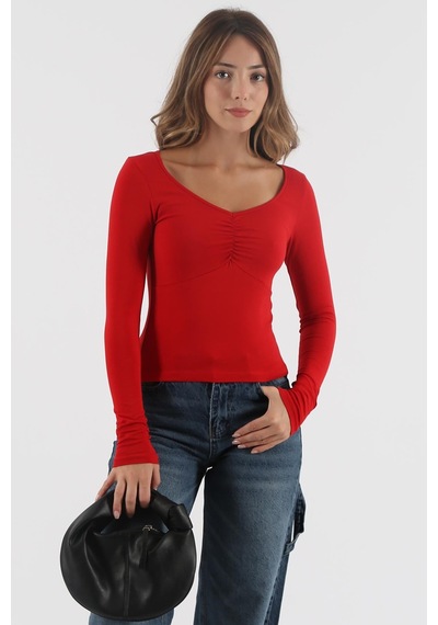 Seeh Kırmızı Önü Büzgülü Uzun Kollu Kadın Body Sh200