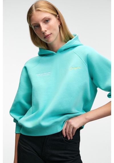 Grımelange ORINQUE Kadın Kapüşonlu Baskı ve Nakış Detaylı Oversize Turkuaz Sweatshirt