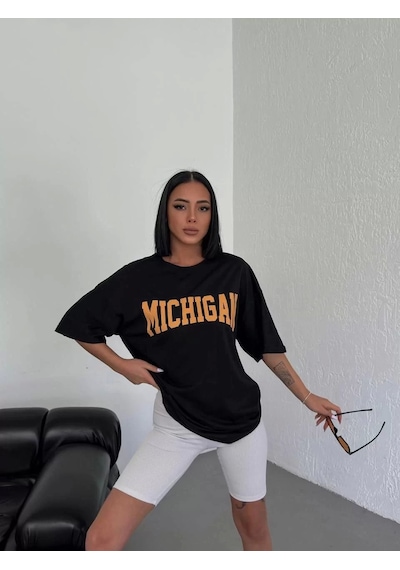 Unisex Bisiklet Yaka Baskılı Oversize T-shirt - Beyaz Siyah