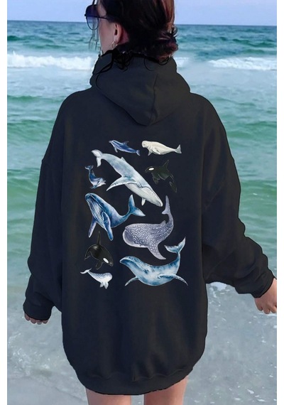 Whales Baskılı Oversize Sweatshirt Siyah