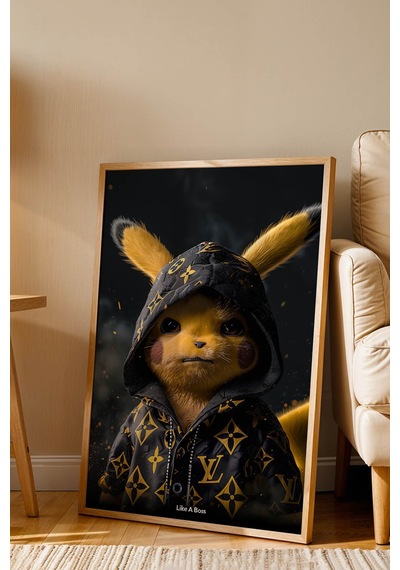 Pikachu Like A Boss Motivasyon Tablosu Lüks Tasarım Finans Serisi Çerçeveli Ofis Duvar Dekoru Kayın
