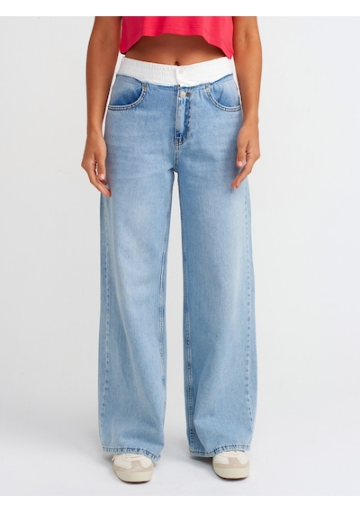 Dilvin Kesik Detaylı Denim Pantolon Mavi
