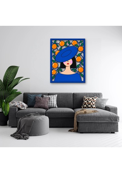 Portakallar Ve Mavi Şapkalı Kadın Metal Tablo 99x125 Cm Çok Renkli