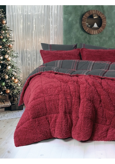 Cozy Home Festive Çift Kişilik Çift Taraflı Peluş Yorgan Noel Kırmızı Kırmızı