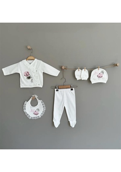 Buse & Eylül Bebe Ortanca Çiçek Desenli 5 Parça Kız Bebek Hastane Çıkışı - Ekru