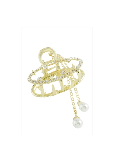 Oval İnci Taşlı Metal Mandal Toka 5 Cm Altın
